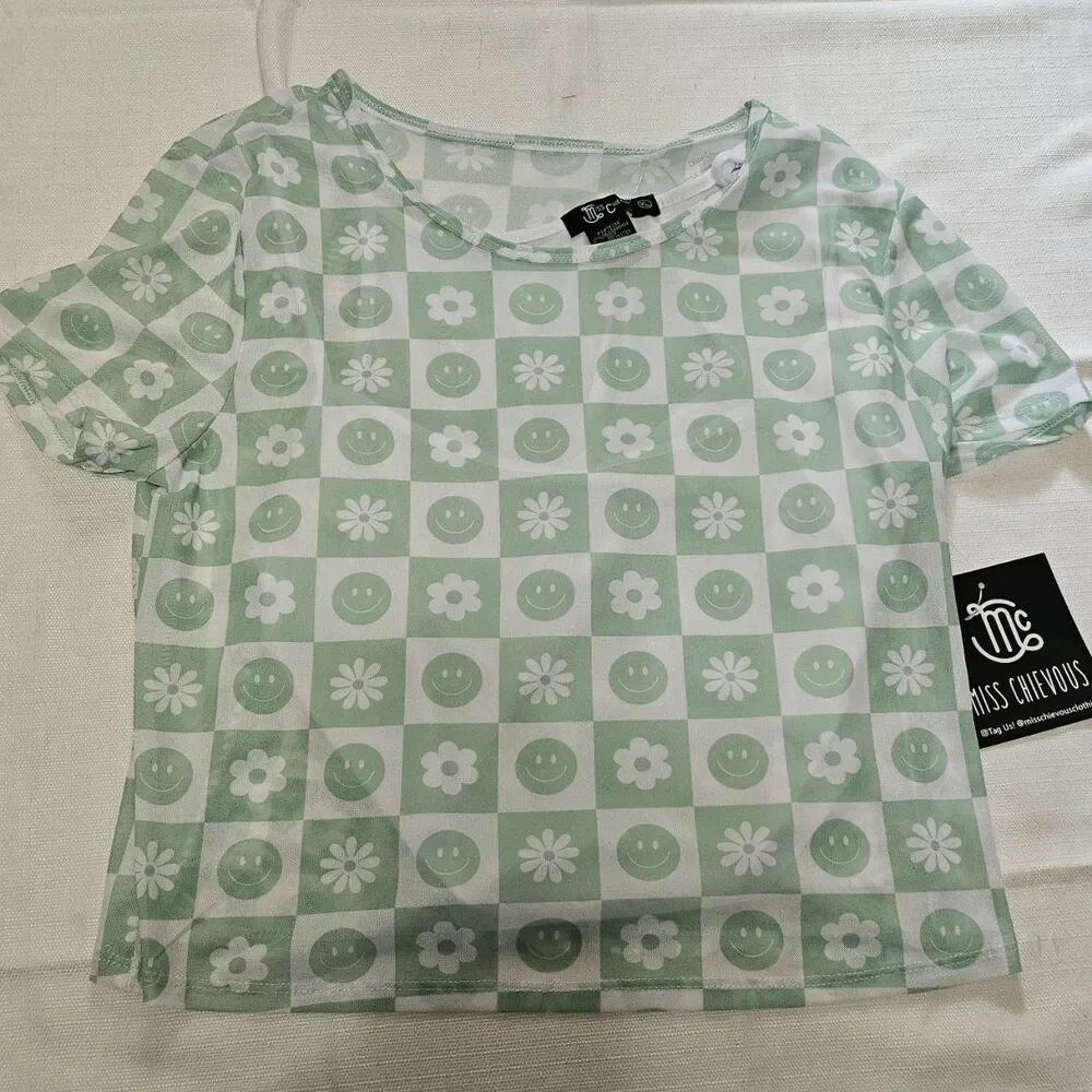 MISS CHIEVOUS Sheer Blouse‎ w Undershirt Checkered Smiley Flowers Womens M New - Picture 2 of 12